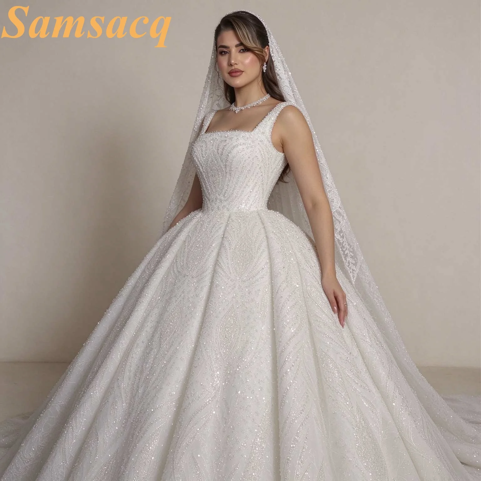 Customized Luxury Square Neck Wedding Dress Sparkly Beaded Lace Bridal Gown Princess Vestido De Novia amanda novias oficial