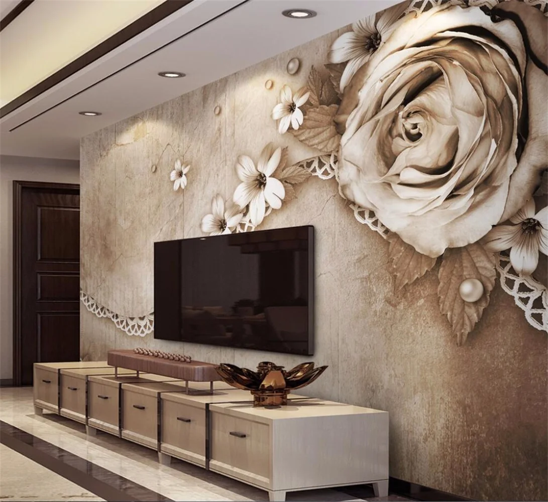 Custom Photo Wallpaper 3D Mural, Retro Rose Lace Simple American TV Backdrop wallpaper for walls 3 d papel de parede