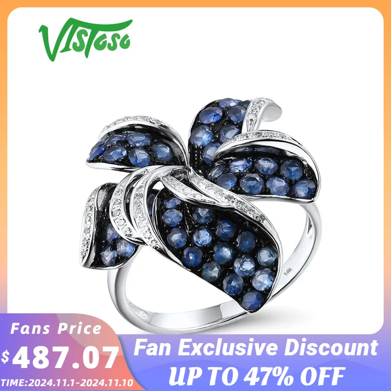 

VISTOSO Pure 14K 585 White Gold Ring For Women shining Diamond Blue Sapphire Flower Ring Wedding Engagement Elegant Fine Jewelry