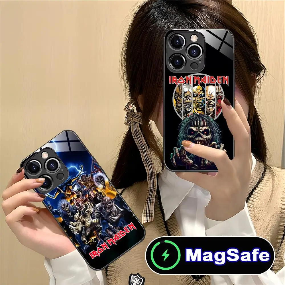 

Fashion Irons Band Mobile Phone Case for iPhone 17 16 15 14 13 12 11 Pro Max Plus Mini MagSafe Glass Colour Cover Luxury Pretty