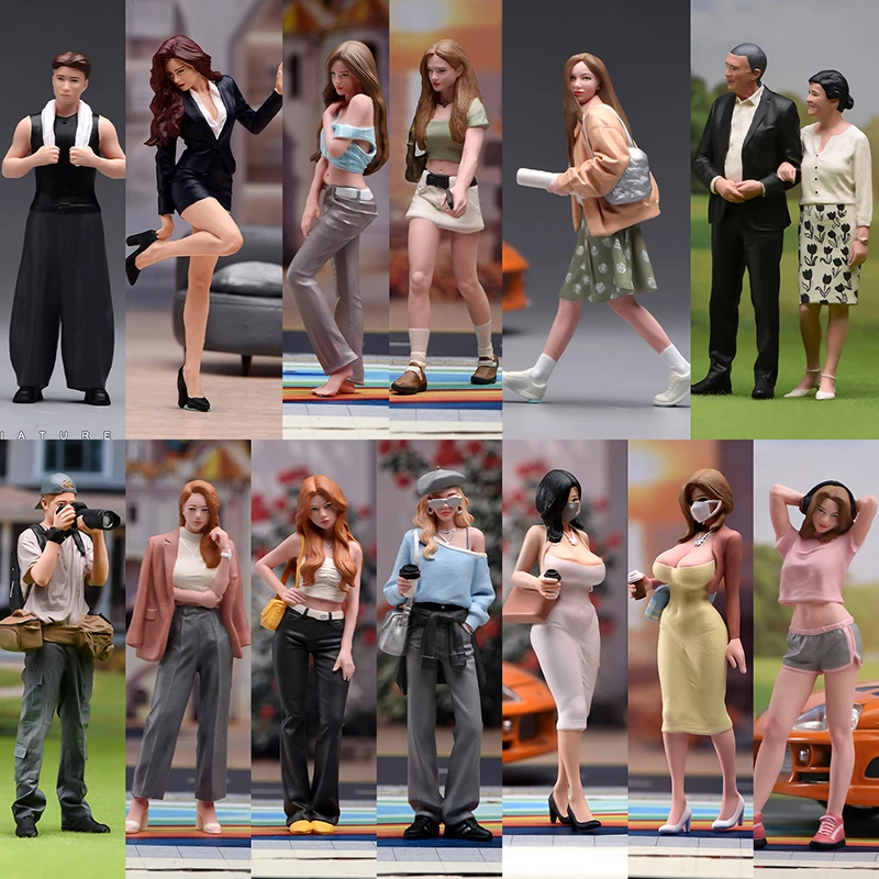 Face Painted 1/18 1/24 Min Urban Fashion Figures Female Male in Modern Wear for City Street Car Model Diorama Scene