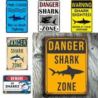 Retro Shark Warning Metal Sign Painted Plaque Iron Tin Poster Courtyard Manhole Swimming Pool and Wall Mural Decor Painting