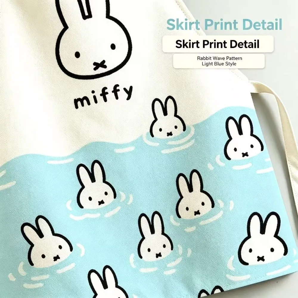 Miffy Bunny Print Apron Cute Rabbit Wave Pattern Kitchen Cooking Apron with Adjustable Neck Strap Canvas Style Gift Girls Women