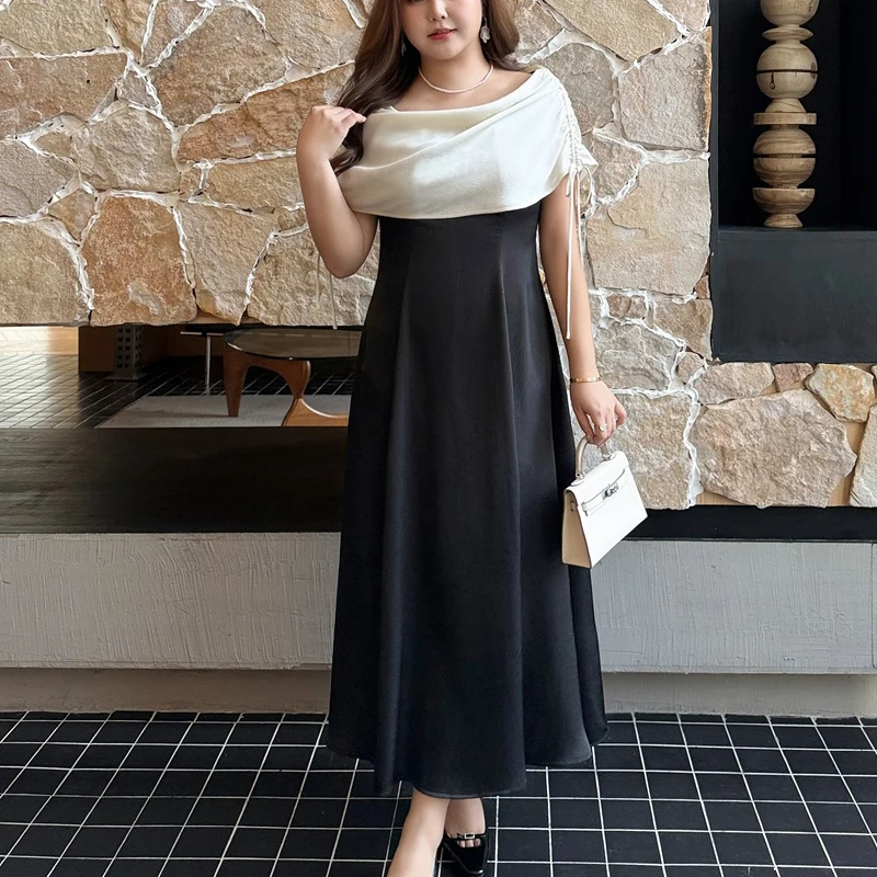 

XXXXL Fashion Plus Size Woman Clothing Dresses Premium Satin Shawl Pile Collar Evening Dress French Spring 2026 New Style 9521