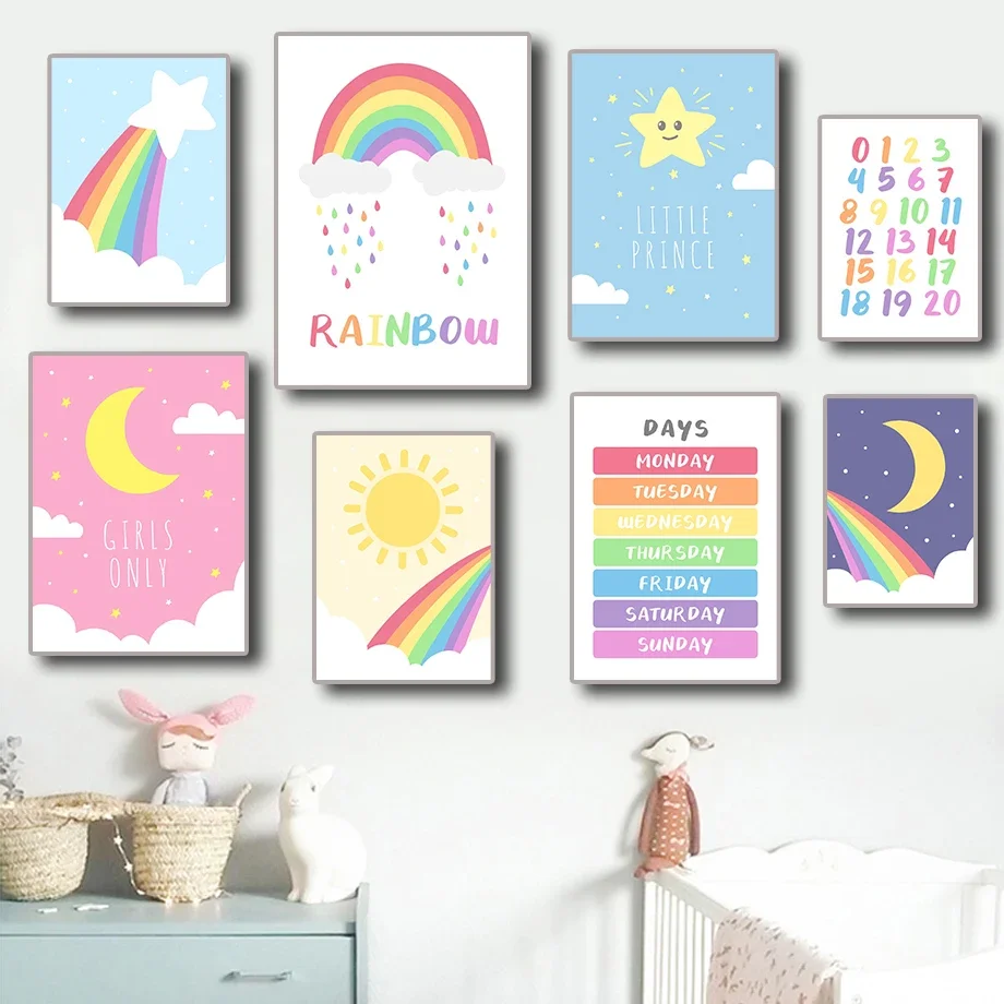 1PC Frameless  Nordic Kawaii Stars Moon Rainbow Alphabet Colorful Cartoon Wall Art Aesthetics Print Canvas Painting Posters for