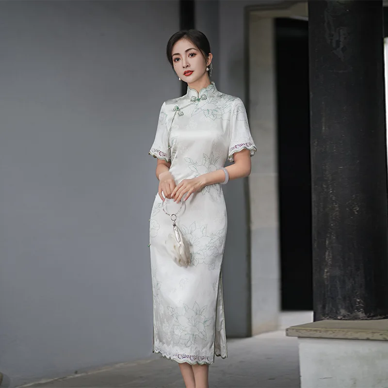 

High-End Ruffle Sleeve High Quality Real Silk Dress Suzhou Silk White Cheongsam Qipao Women's Summer Young Long Slightly Fat