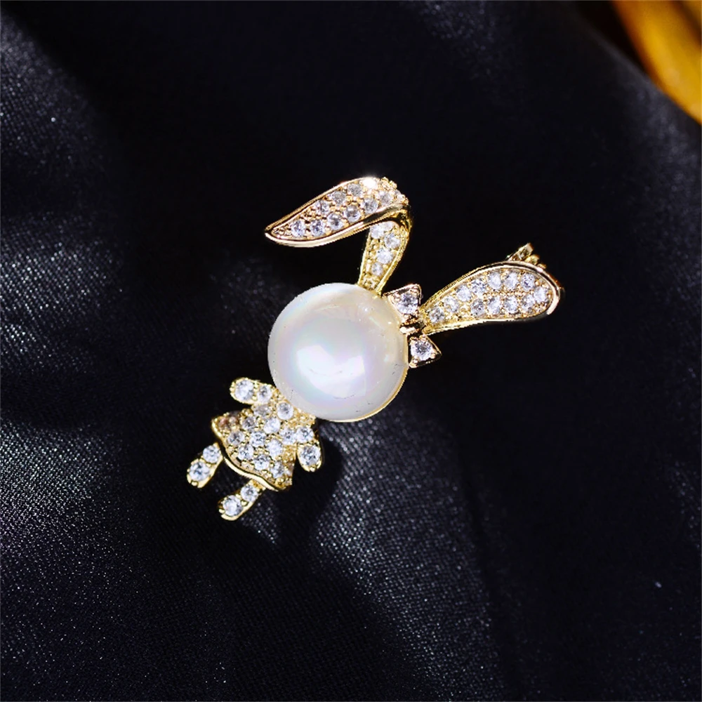 Cute Rabbit Rhinestone Brooch Pearl Metal Lapel Pins for Women Girl Sweater Backpack Stylish Pins Jewelry Accessories Gift