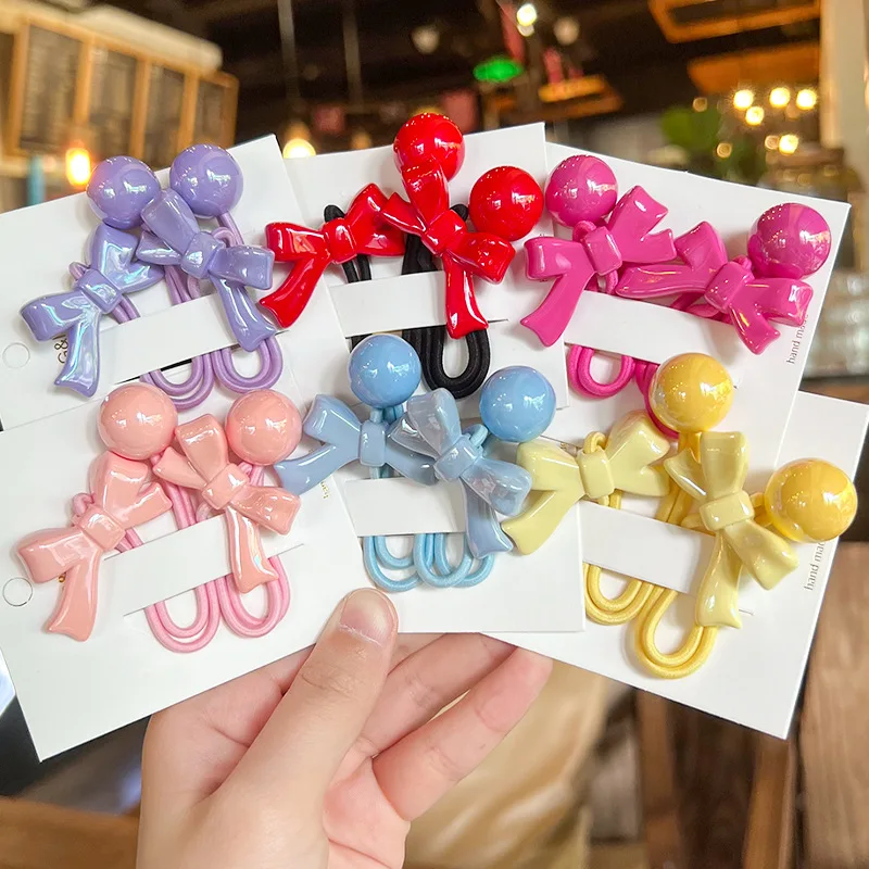 2pcs/lot Fashion Pink Bow Ball Hair Accessories Children Rubber Bands Scrunchies Elastic Hair Bands Girls Headwear Ties