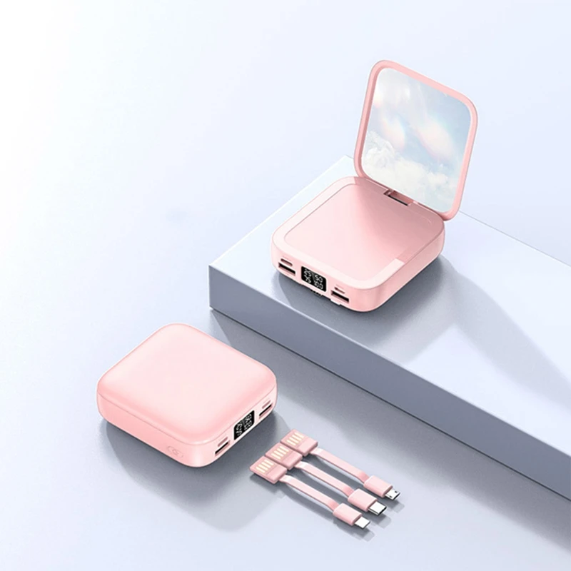 20000mAh Power Bank with Makeup Mirror Detachable Digital Display External Battery Built in Cable for iPhone Samsung