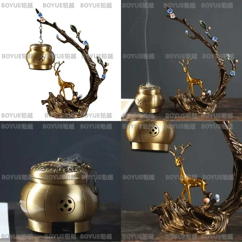 Forest Deer Copper Incense Burner Bluetooth Speaker Hanging Ornament Chinese Style Indoor Tea Ceremony Decor Aromatherapy