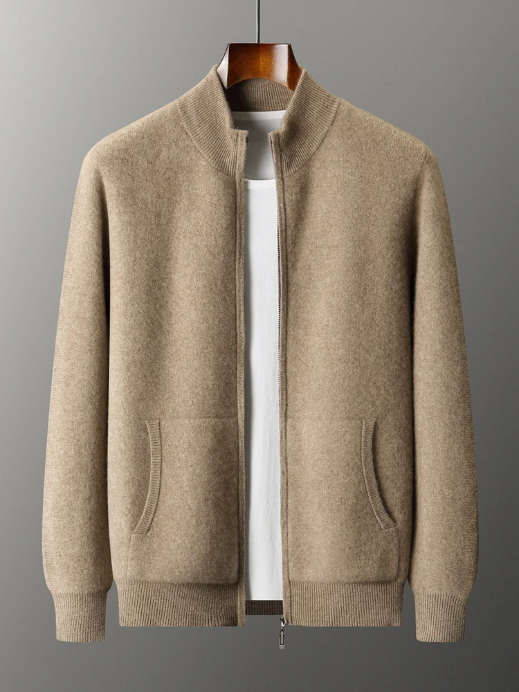 Thick Men's Warm Soft Solid Pockets Zip-Up Cardigan Sweater 100% Cashmere Long Sleeves Autumn Winter Casual Loose Clothing Tops