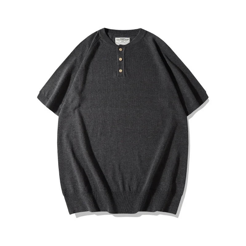 New American Retro Workwear Shirt, Basic, Heavyweight, Thick Knit, Henry Collar T-shirt