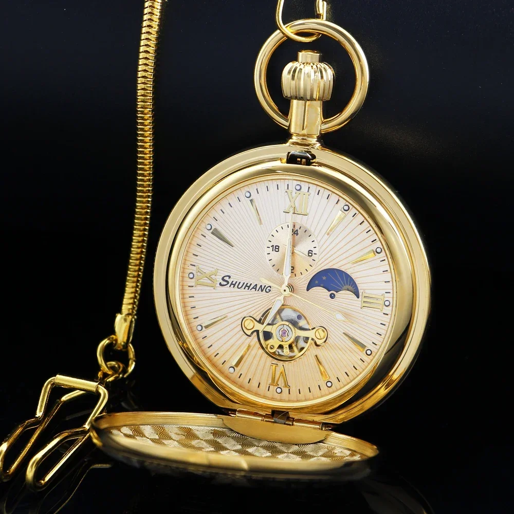 Charm Flower Pattern Gold Copper Self Winding Mechanical Pocket Watch Moon phase Dial Fob Chain Watches Pendant  Men's Gift