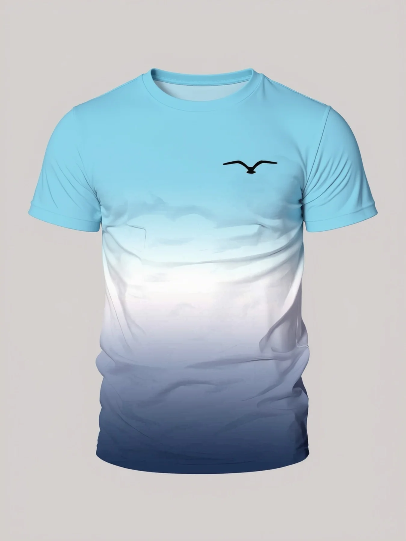 Light Sky To Navy Gradient Sport Tee Small Seagull Logo Crew Neck Quick Dry Training Shirt