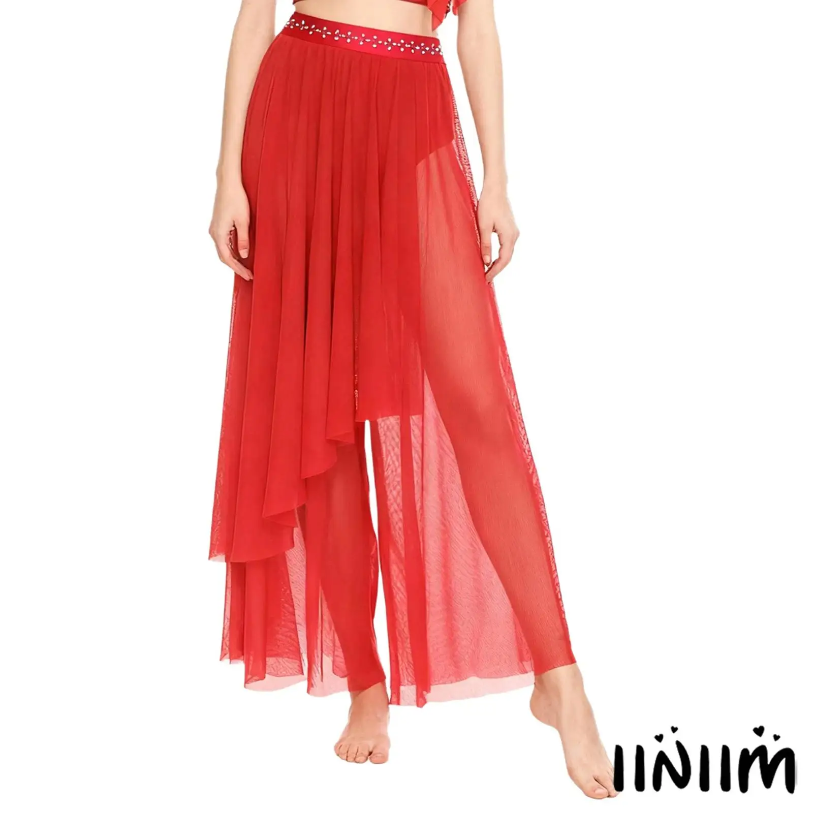 

Womens Modern Ballroom Dance Pants Shiny Waistband Loose Leg Mesh Irregular Dance Bottom for Lyrical Ballerina Tango Latin Dance
