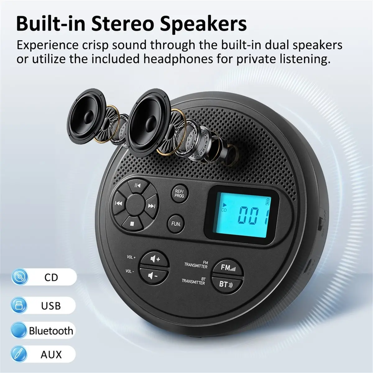 DT90 New CD Player Multi-Functional with Bluetooth, Headphones, LCD, AUX CD Player FM Transmitter USB Playback