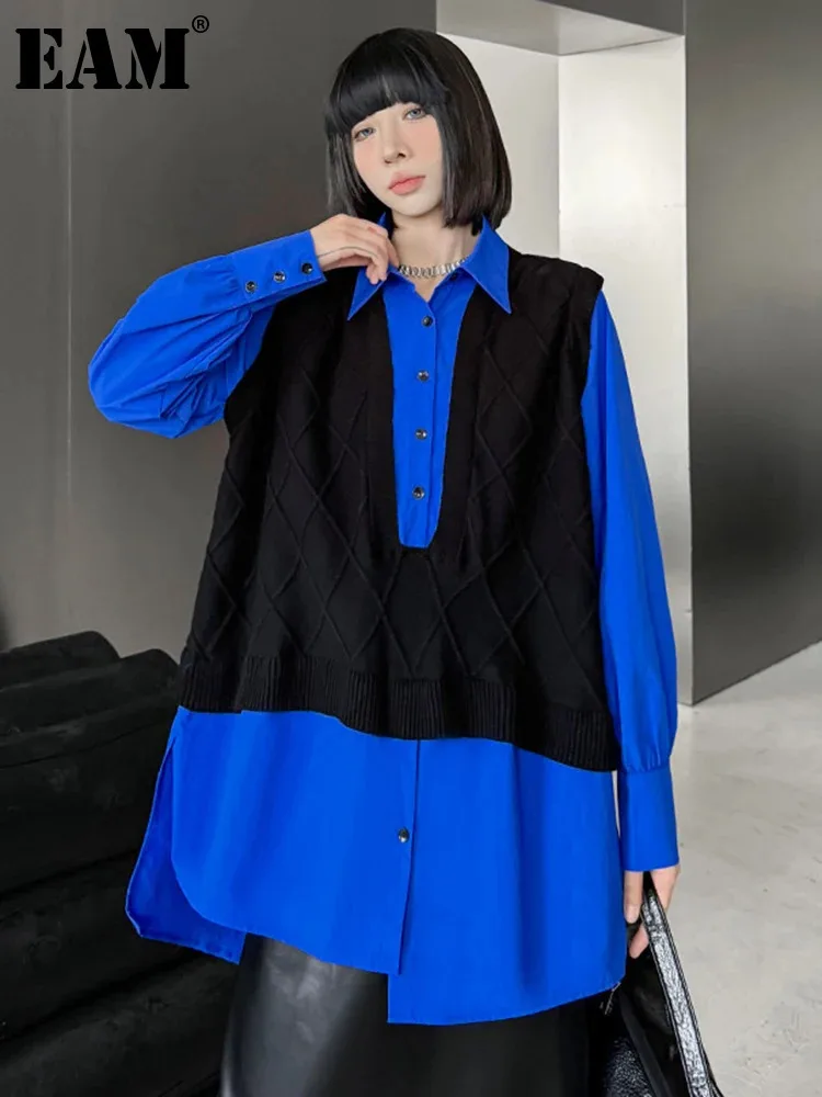 [EAM] Women Blue Black Color-block Big Size Casual Blouse New Lapel Long Sleeve Shirt Fashion Tide Spring Autumn 2024 1DH7235