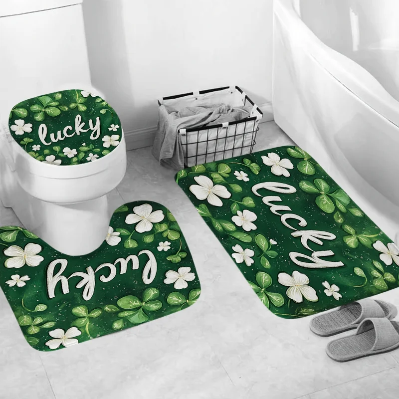 1pc/4pcs St. Patrick's Day Lucky Four-Leaf Clover Print Waterproof , 12 Hooks Free, Set Includes Shower Curtain, N