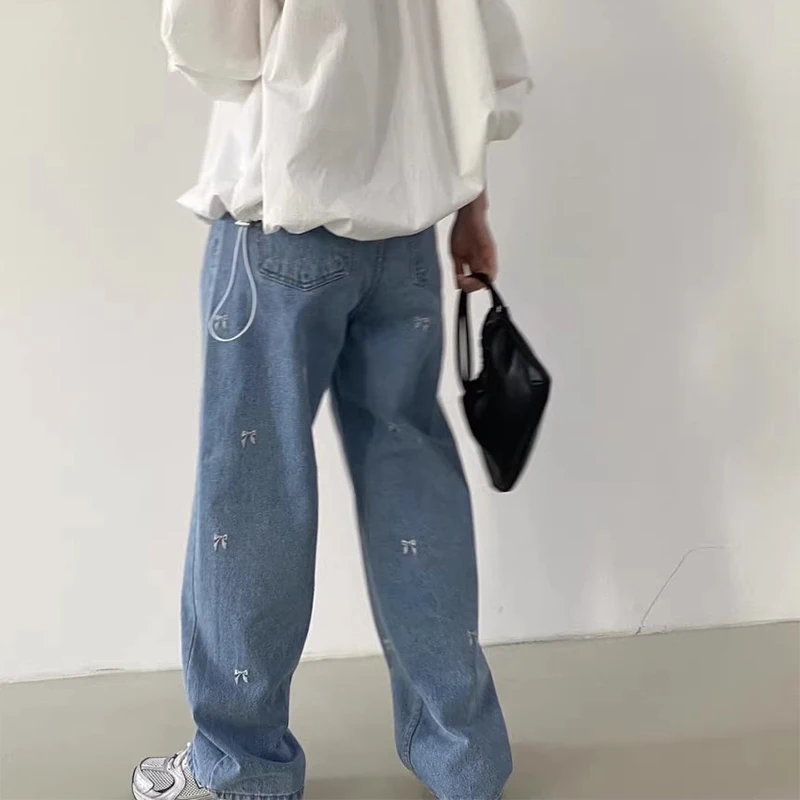 

Широкие джинсы с высокой талией и вышивкой в стиле ретро, женские шикарные весенние новые утягивающие тяжелые рабочие джинсовые брюки