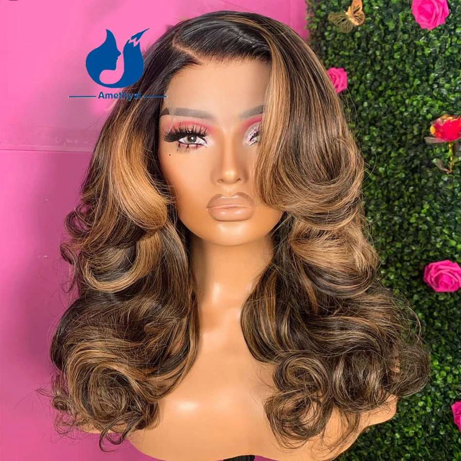 Amethyst Side Part Highlight 13x4Lace Front Human Hair Wig For Women Brazilian Remy Hair Body Wave Silk Top Lace Closure Wig