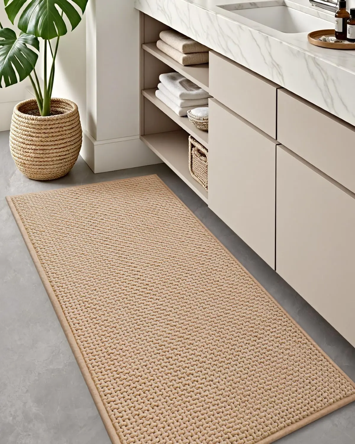 

Non-Slip Waffle Bath Mat, Soft Absorbent Chenille Rug for Bathroom Floor, Tub & Shower, 24x60 Inches, Beige