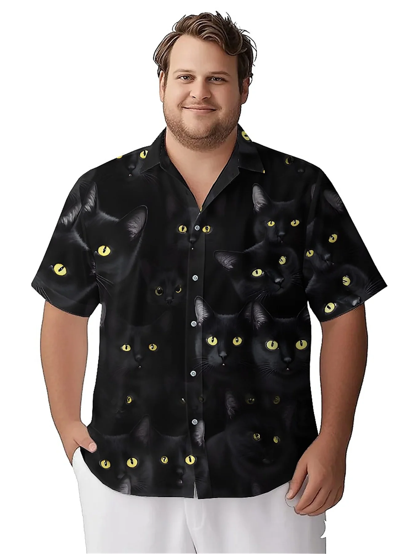 Men's Plus Size Hawaiian Shirts Black Cat with Eyes Pattern, Summer Casual Tops, Outdoor and Party, Streetwear