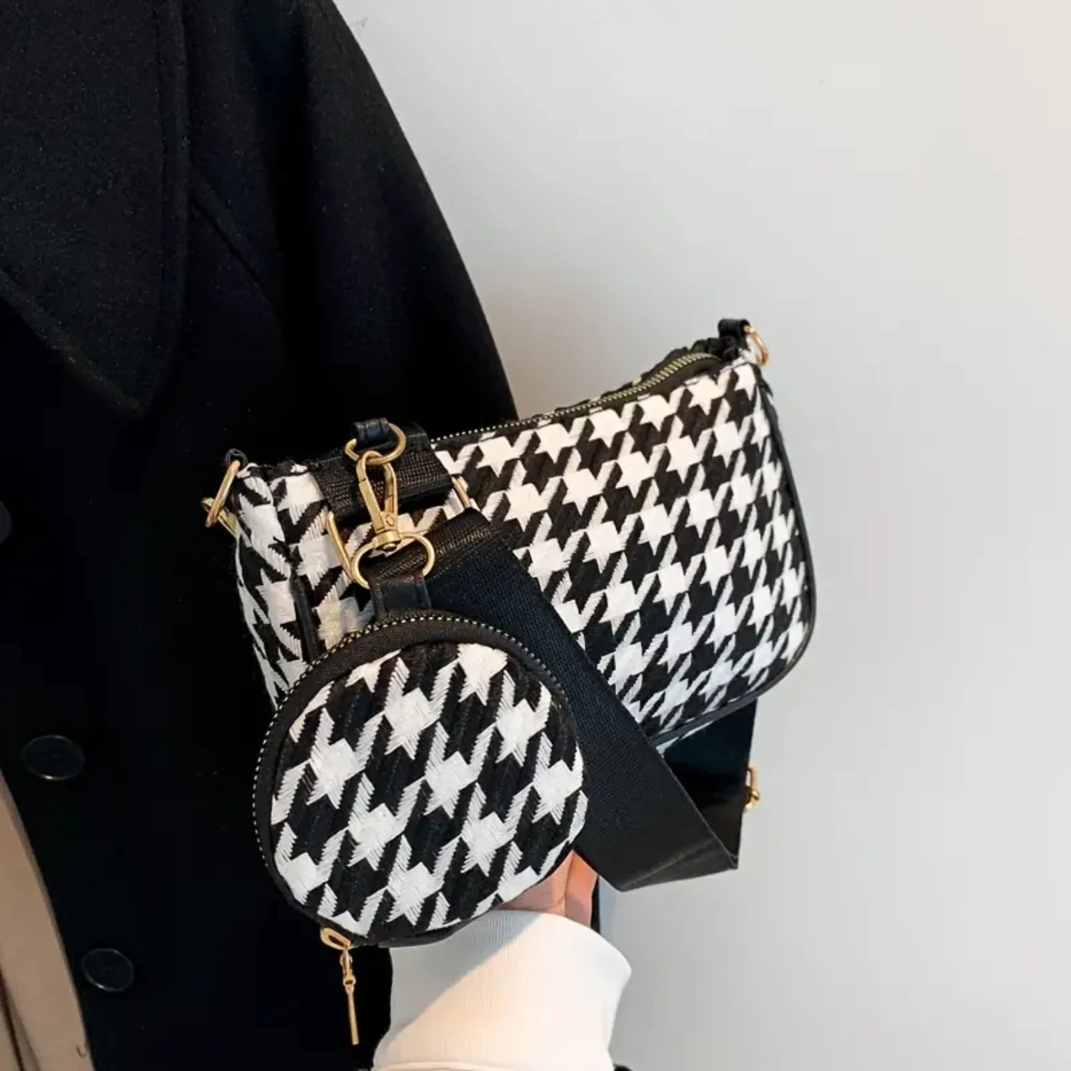 حقيبة كروس كلاسيكية للنساء، حقيبة كتف 2 في 1 مع حزام قابل للتعديل، محفظة دائرية، حقائب نسائية مركبة