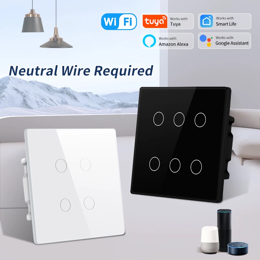 Tuya WiFi Smart Switch Brazil Standard 4x4 Size Touch Sensor 4/6/8 Gang Wall Light Switch Voice Control By Alexa Google Home