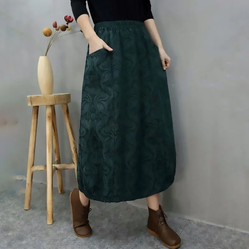 Women Literary Ethnic Autumn Jacquard Bud Midi Skirt Elastic High Waist Loose Long Skirt With Pockets