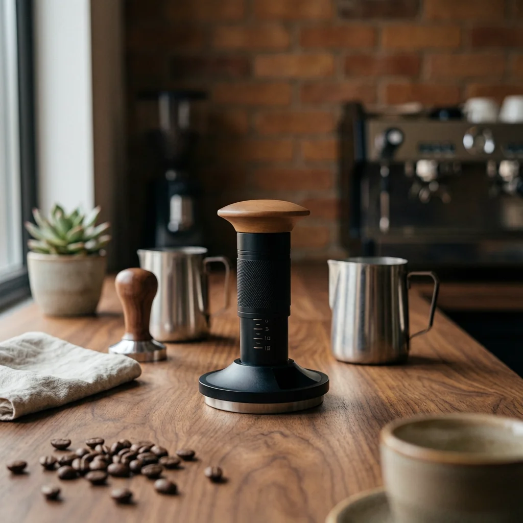Spring-Loaded Espresso Tamper Consistent Pressure Espresso Tamper with Wooden Handle Ergonomic Food-Safe for Baristas, Cafes