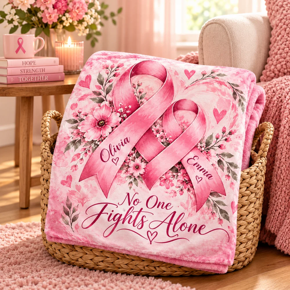 Custom Name Pink Ribbon Breast Cancer Throw Blanket, No One Fights Alone Floral Soft Flannel Blanket, Awareness Support Gift