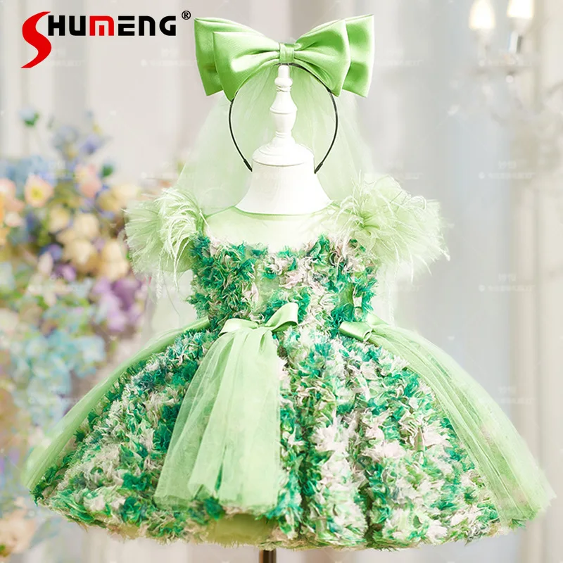 

Зеленое платье Лолита для девочек с 3D цветами и перьями на рукавах, фатиновое платье для детского дня рождения, фотосессии, нарядное милое платье