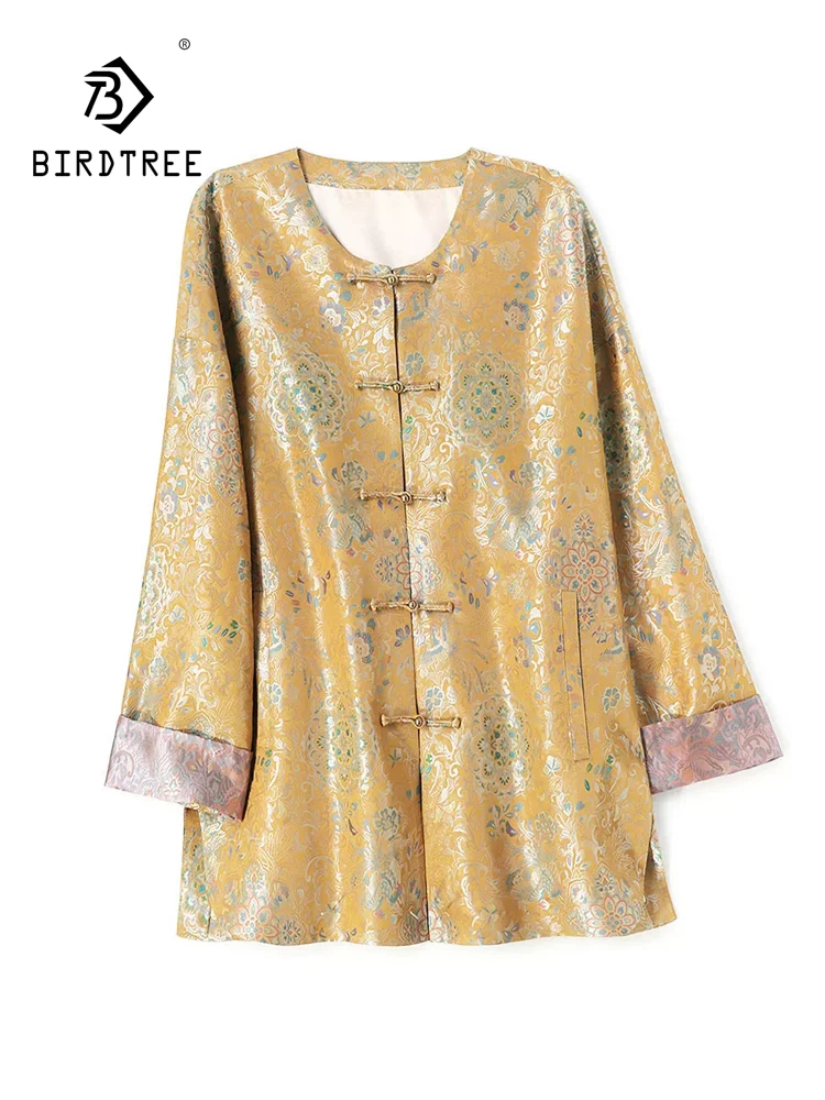 BirdTree-Silk Song Brocade Elegant Coat, O Neck Long Sleeve Floral, Women Retro Versatile Loose Cardigan, 2026 Autumn C69831CC