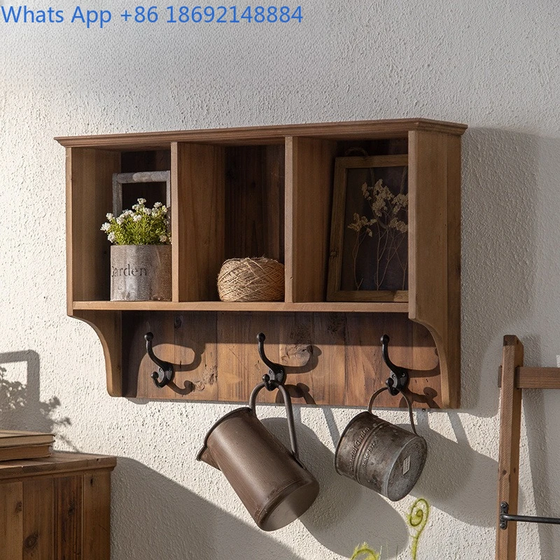 Wabi Sabi Style Solid Wood Entry Shelf Black Wall Mounted Cabinet with Hooks for Succulents