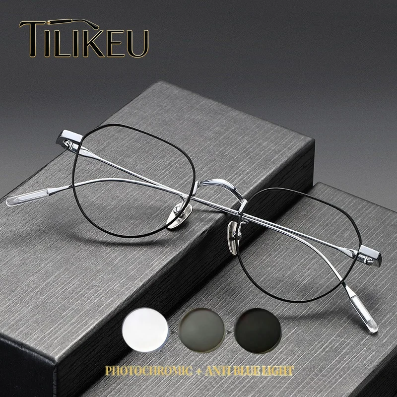 

Japanese Titanium Retro Polygonal Prescription Reading Glasses Women Fashion Anti Blue Ray Progressive Photochromic Glasses Men