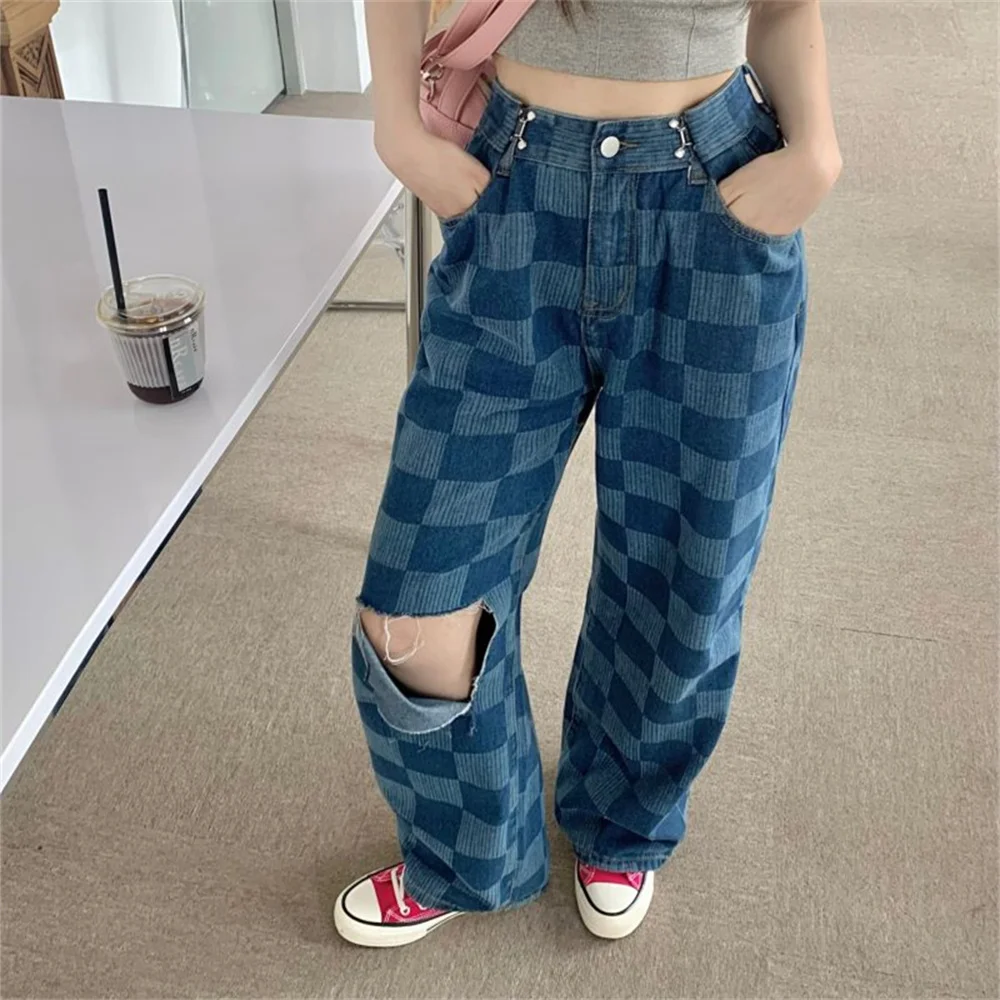 PLAMTEE Hole Women Jeans Chessboard Plaid Loose Wide Leg 2023 High Waist Summer Office Lady Vintage Casual All Match Denim Pants