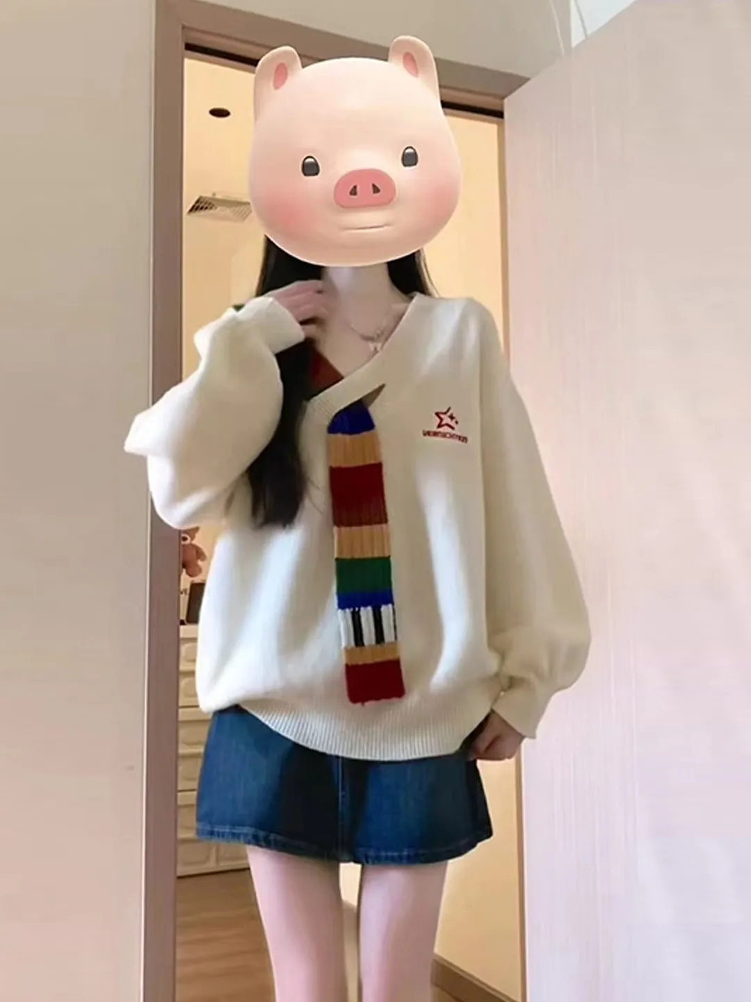 

Американский ретро Радужный шарф, вязаный свитер с v-образным вырезом, женский осенне-зимний свободный вязаный топ из меха медведя, ленивый Thiened