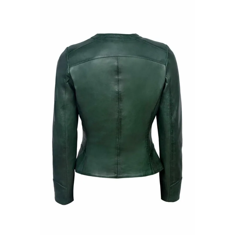 Classic Women's Genuine Lambskin 100% Leather Jacket Biker Slim Fit Green Zip Up