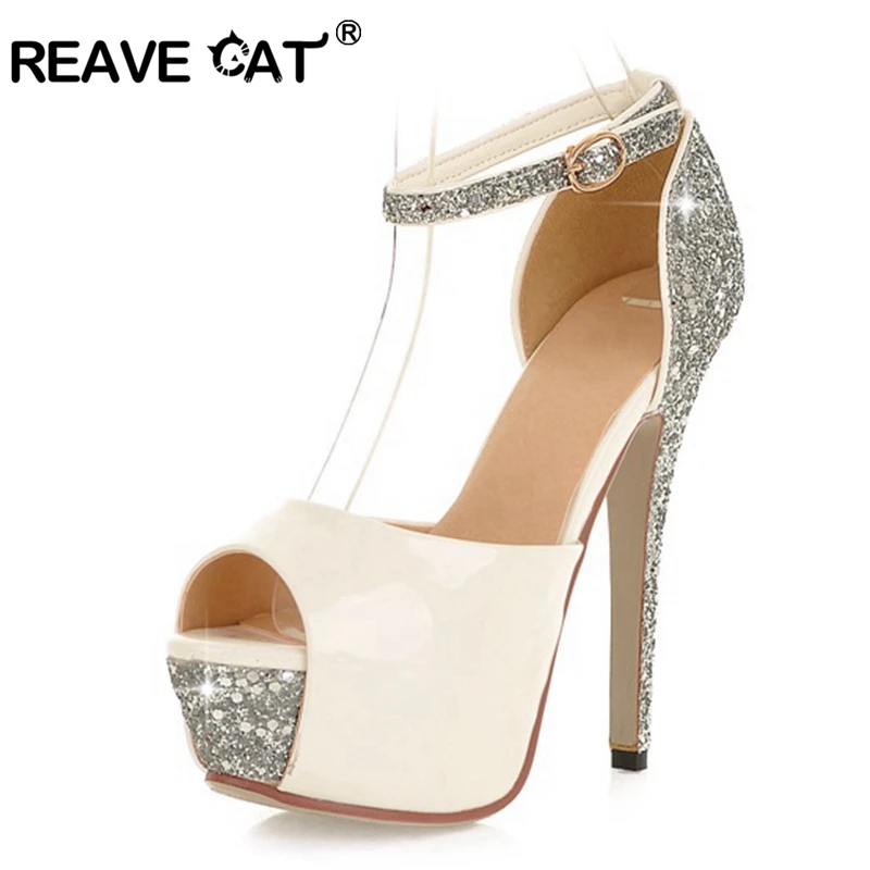 REAVE CAT Women Bridal High heel pumps Peep toe Stiletto Thin heels 13cm Platform Buckle Size 34-43 zapatos de