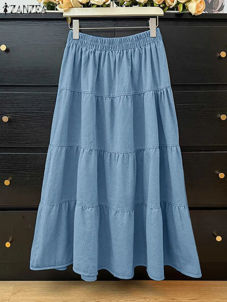 ZANZEA Casual Korean Fashion Long Skirt Vacation Women Faxu Denim Elastic High Waist A-line Faldas Tiered Solid Color Midi Skirt