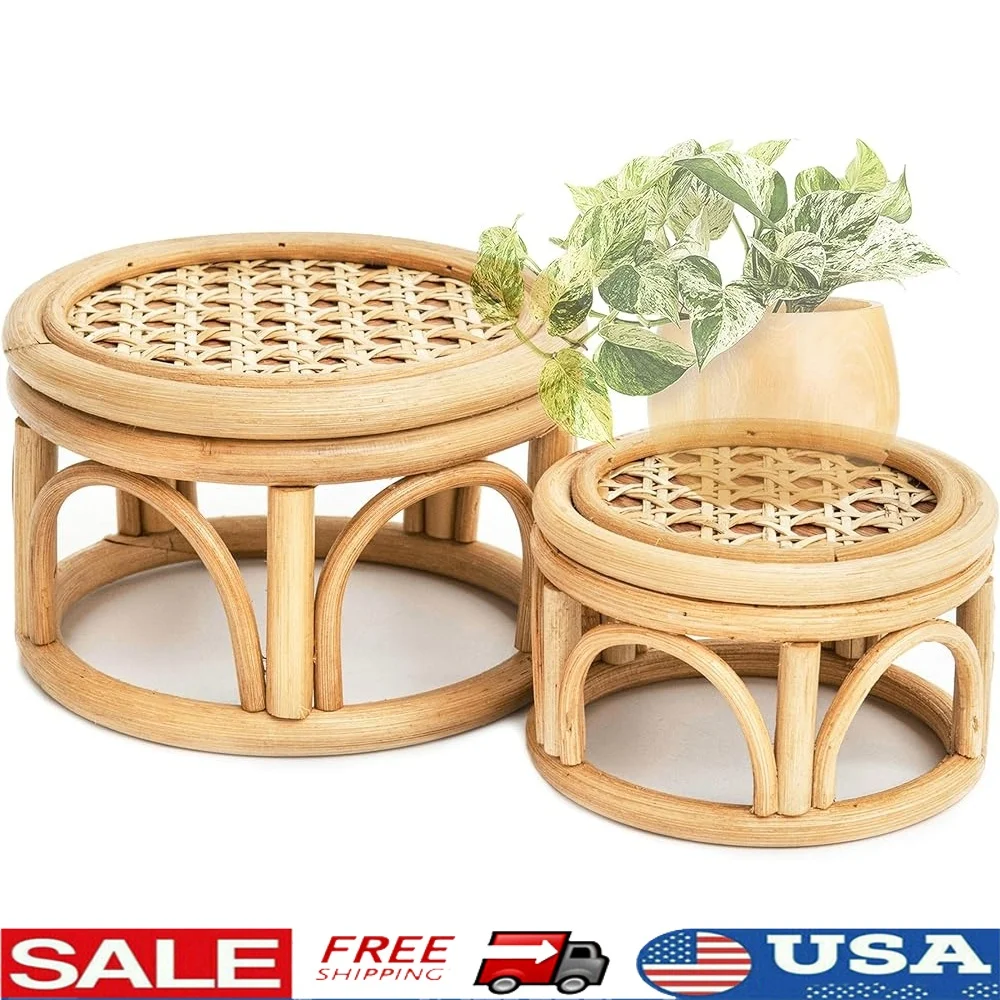 

Set of 2 Small Round Rattan Plant Stand Indoor Rustic Display Stool Natural Wicker Pedestal Home Decor
