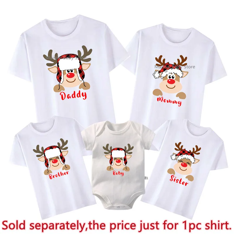 New Deer Print Family Christmas Shirts Cotton Dad Mom Brother Sister T-shirts Baby Rompers Family Look Xmas Party Tops Outfits