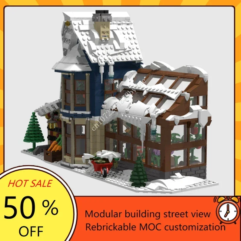 Invernadero Modular de pueblo de invierno para niños, juguete de construcción con ladrillos, vista de calle creativa, modelo de arquitectura, regalo, 1423, piezas