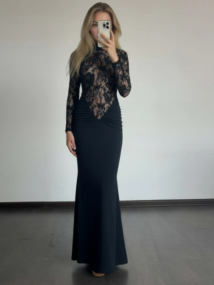 ByeMyLove Spitzen-Maxikleid für Damen, Spitze, sexy, langärmelig, Stehkragen, Rollkragenkleid, schlankes Abendkleid, lange Kleider