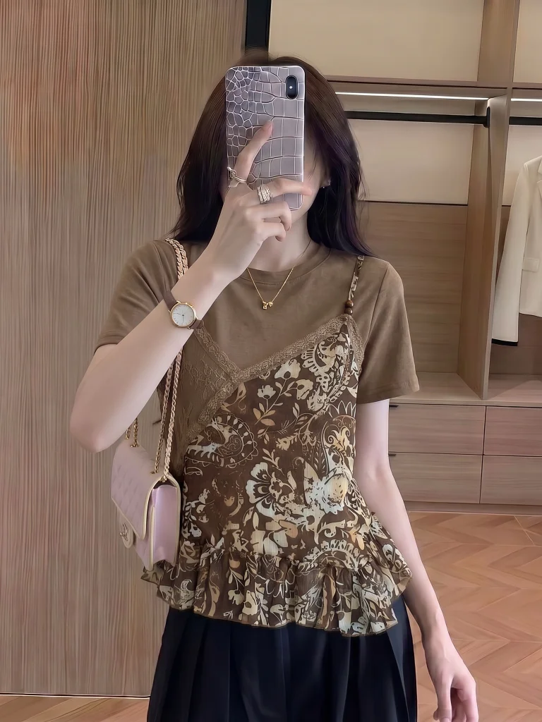Summer New plus Size Beaded Short Sleeve T-Shirt Women's Shoulder Length Strap Top Korean Style Loose Fit Breathable Skin-Fri...
