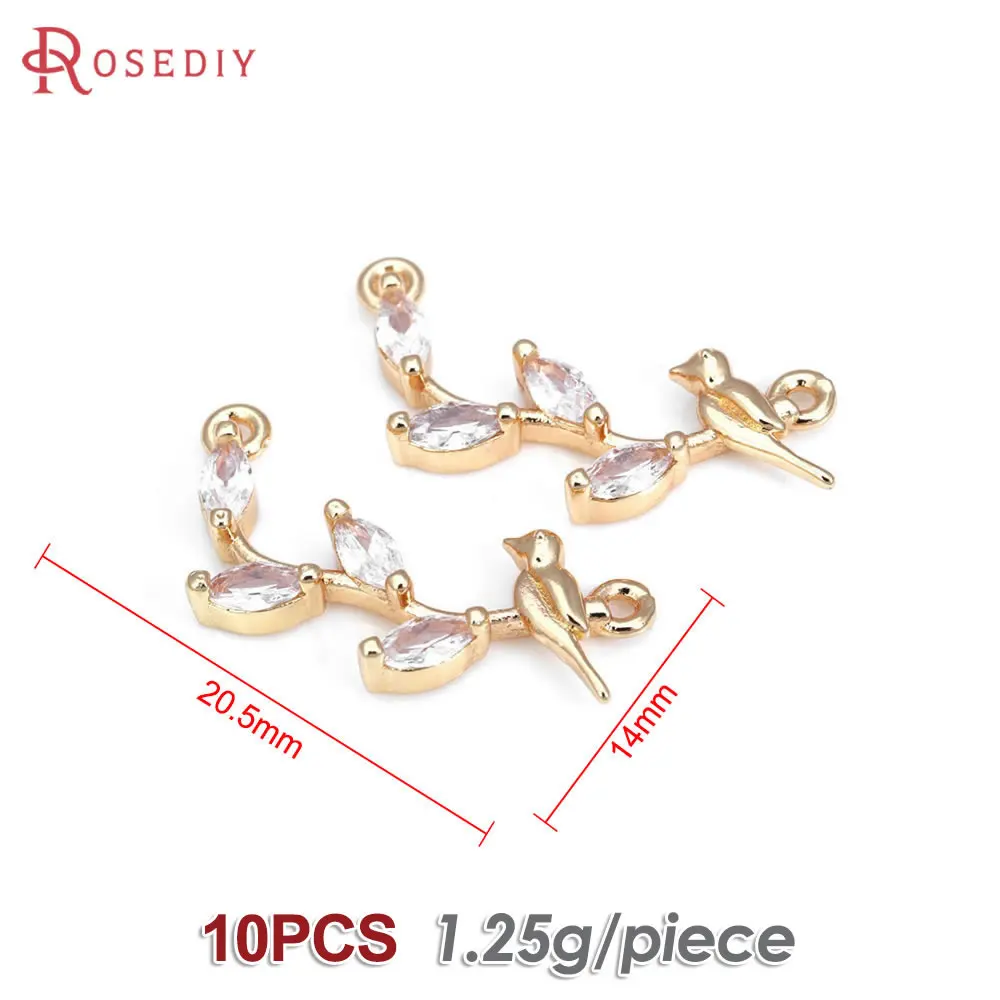 10PCS 18K Gold Color Brass and Zircon 2 Holes Branches and Bird Connect Charms Pendants Diy Jewelry Making Necklace Accessories