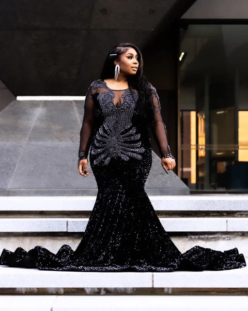 Plus Size Long Sleeve Sparkly Evening Ceremony Dresses for Black Girl Luxury Diamond Velvet Prom Birthday Party Dress 2024 AliExpress