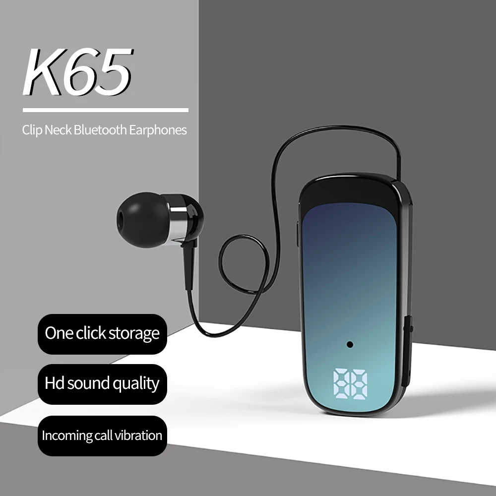 New K65 Bluetooth Earphones Wireless Headphone In Lotus Retractable Lavalier Clip Headset Single Ear Handsfree with Wire