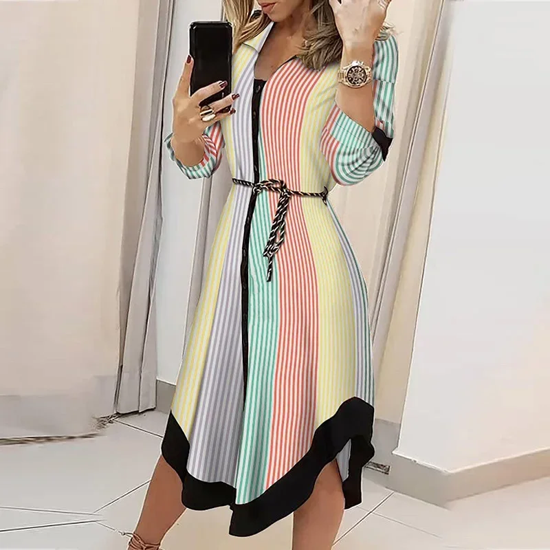 2023 Autumn and Winter Women\'s Turn Down Collar Button Drawstring Printing Fashion Casual Elegant Commuter Long Sleeve Dress