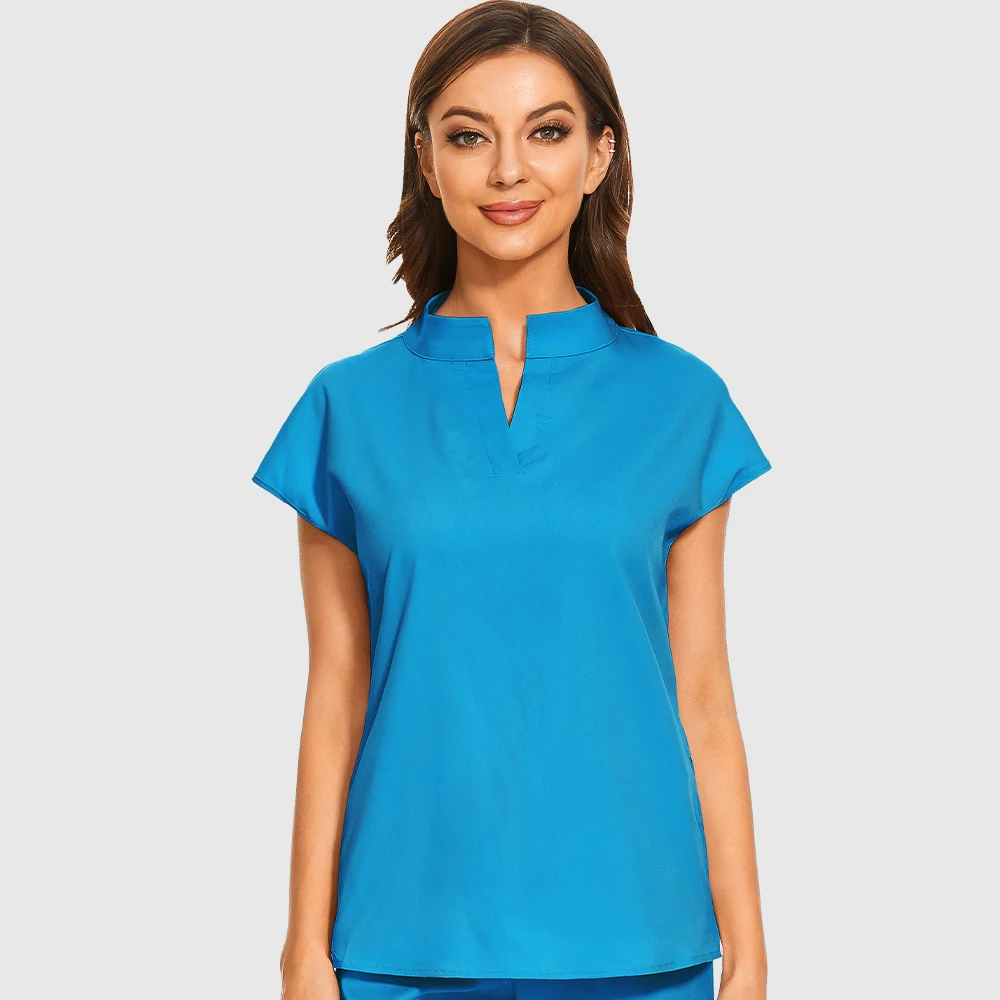 Stretch Top Medical Scrub Tops Women Nurse Workwear Soft Scrubs Uniform Shirts Short Sleeve Blouse Beauty Salon Spa Work Clothes